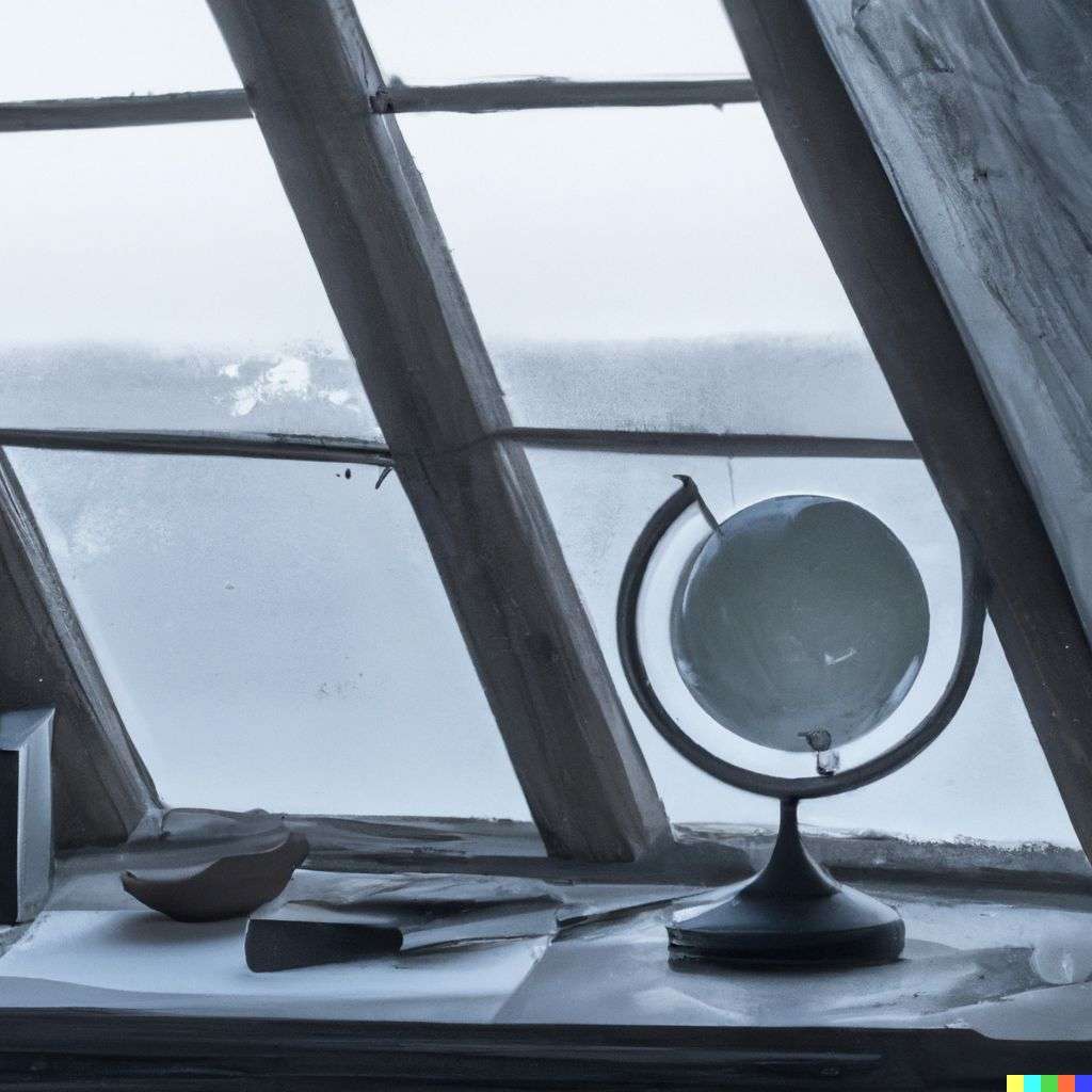 a photograph of the discovery of gravity seen through a window
